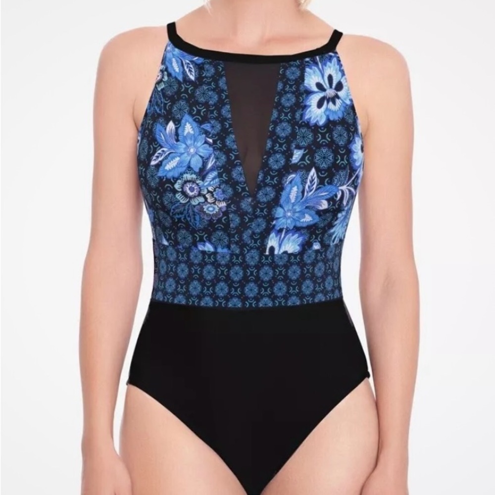 NWT Swim Solutions High Neck Mesh One Piece Swimsuit - Picture 1 of 8